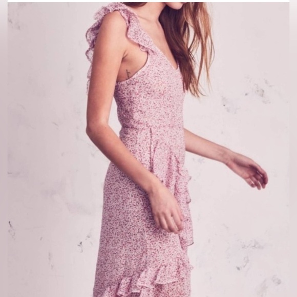 Stunning LOVESHACKFANCY SILK Maeve Dress Floral Chiffon Midi Dress in Rouge Pink - Picture 4 of 13